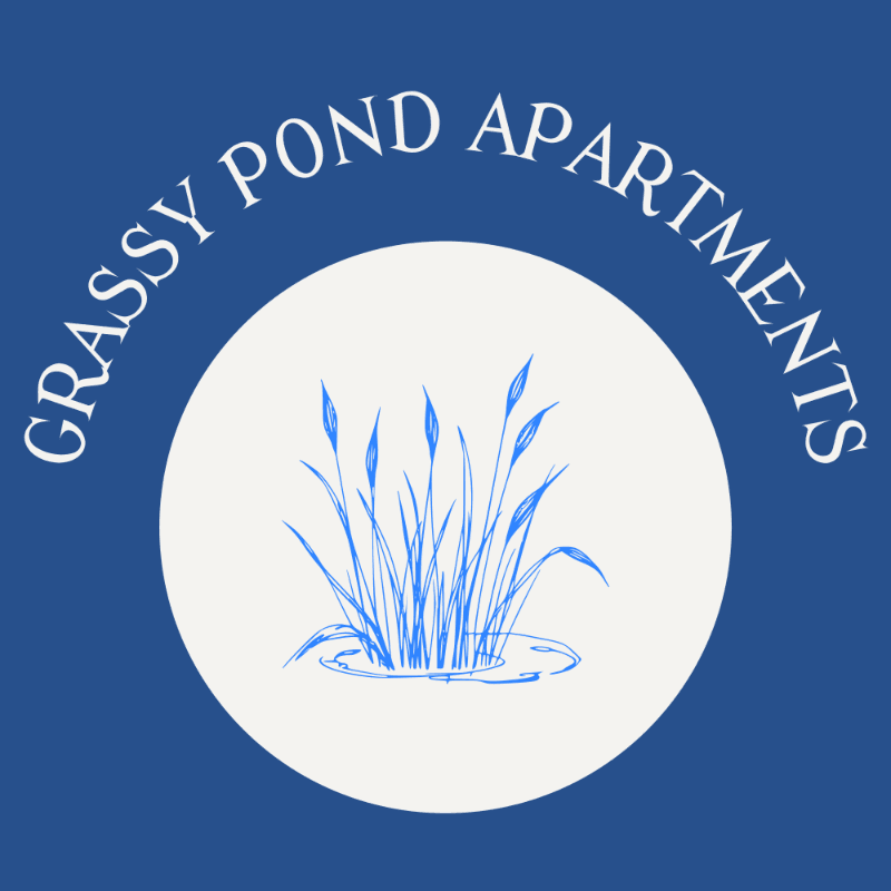 A logo for Grassy Pond Apartments featuring grass in a pond.